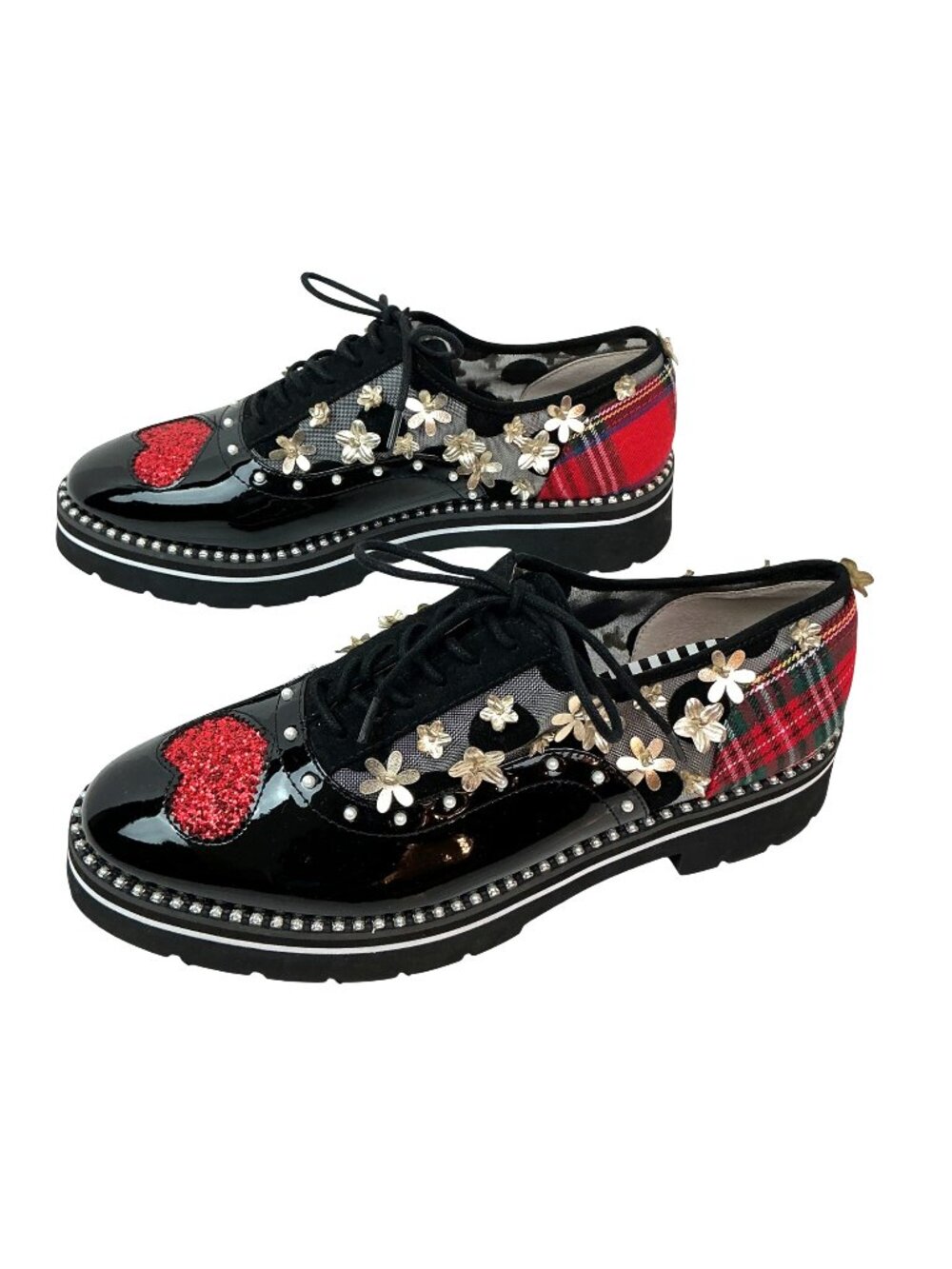 New Betsey Johnson Skyyla Patent Platform Oxfords Red Glitter Heart Womens  8M E